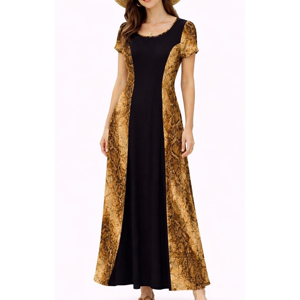 Jeyrey Snakeskin Maxi Dress L Boho Chic A-Line Stretch Travel Lounge